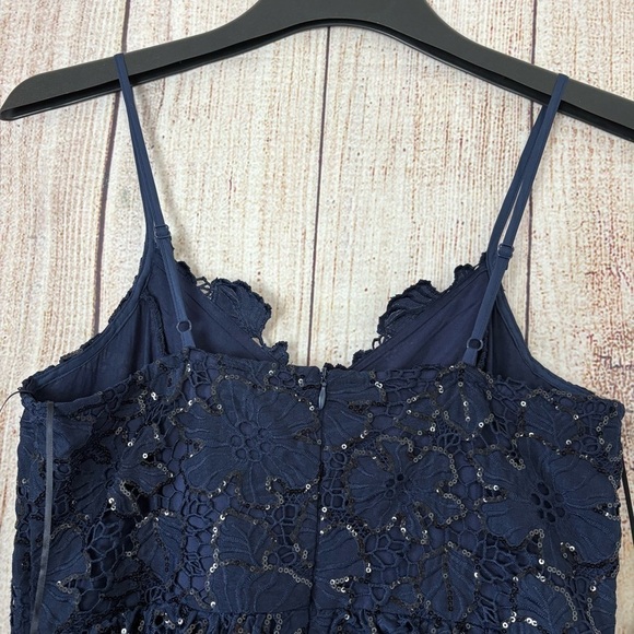 Endless Rose Womens Navy Floral Lace Tiered Sequin Midi Prom Dress size Medium - Picture 7 of 13